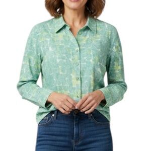 Sigrid Olsen Cotton Tropical Patterned Long Sleeve Button Down Shirt Large Green